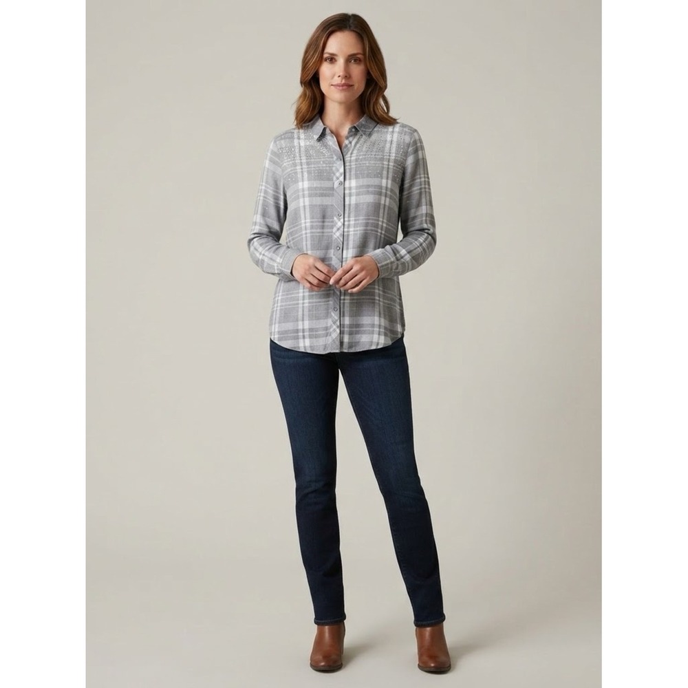 Como Vintage Plaid Button Down Women L Grey Roll-Tab Sleeve Shirt